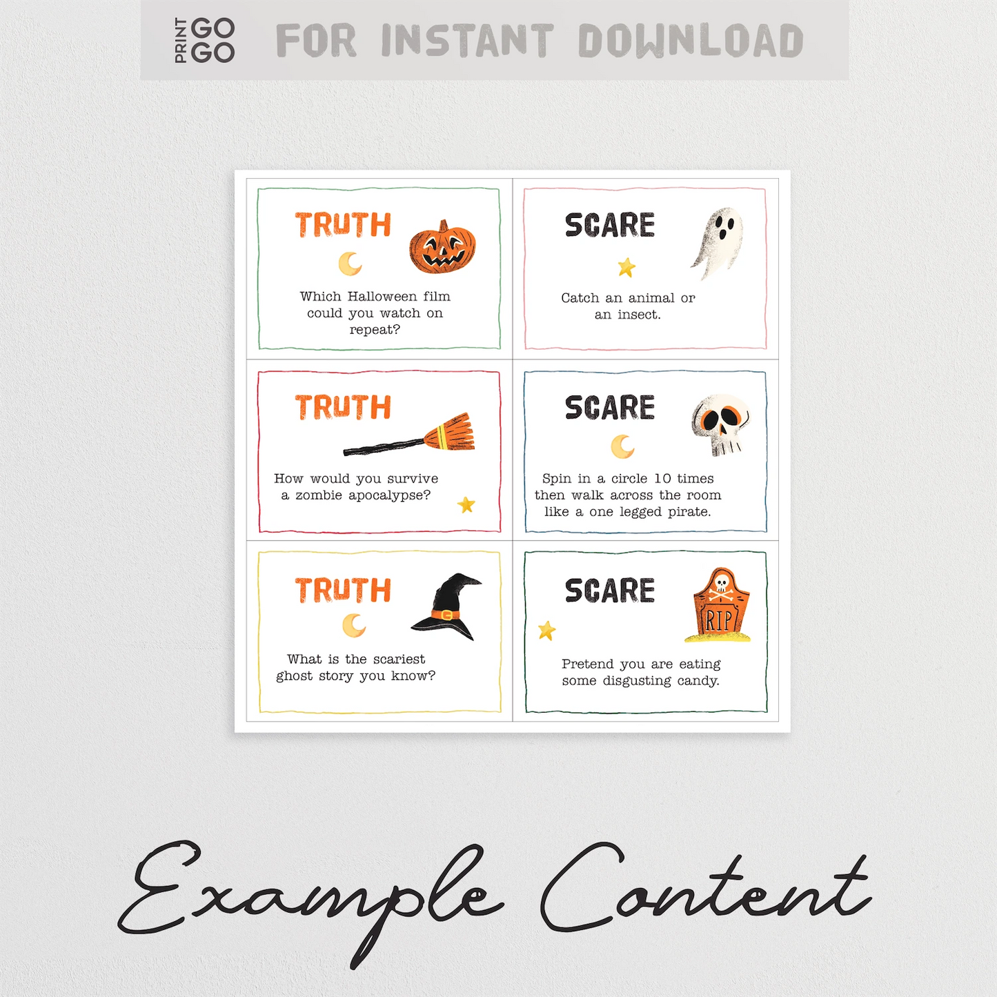 Halloween-themed truth or scare cards with illustrations on a gray background
