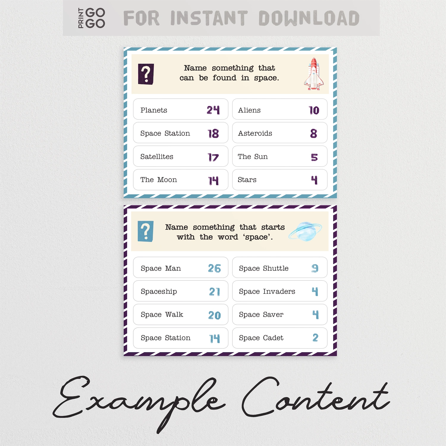 Example cards from instant download group game called Space Face-Off.