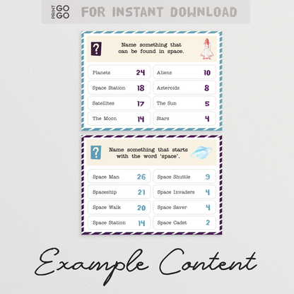 Example cards from instant download group game called Space Face-Off.