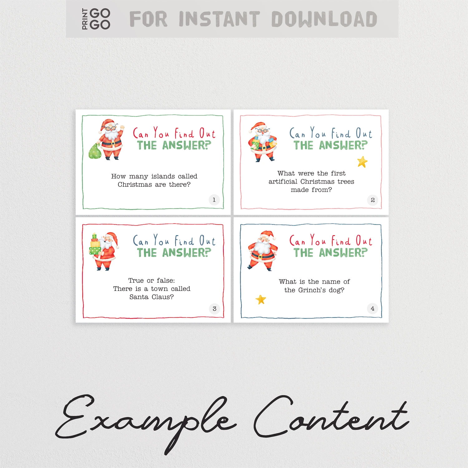 Set of Christmas-themed question cards with Santa Claus on a light gray background.