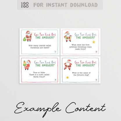 Set of Christmas-themed question cards with Santa Claus on a light gray background.