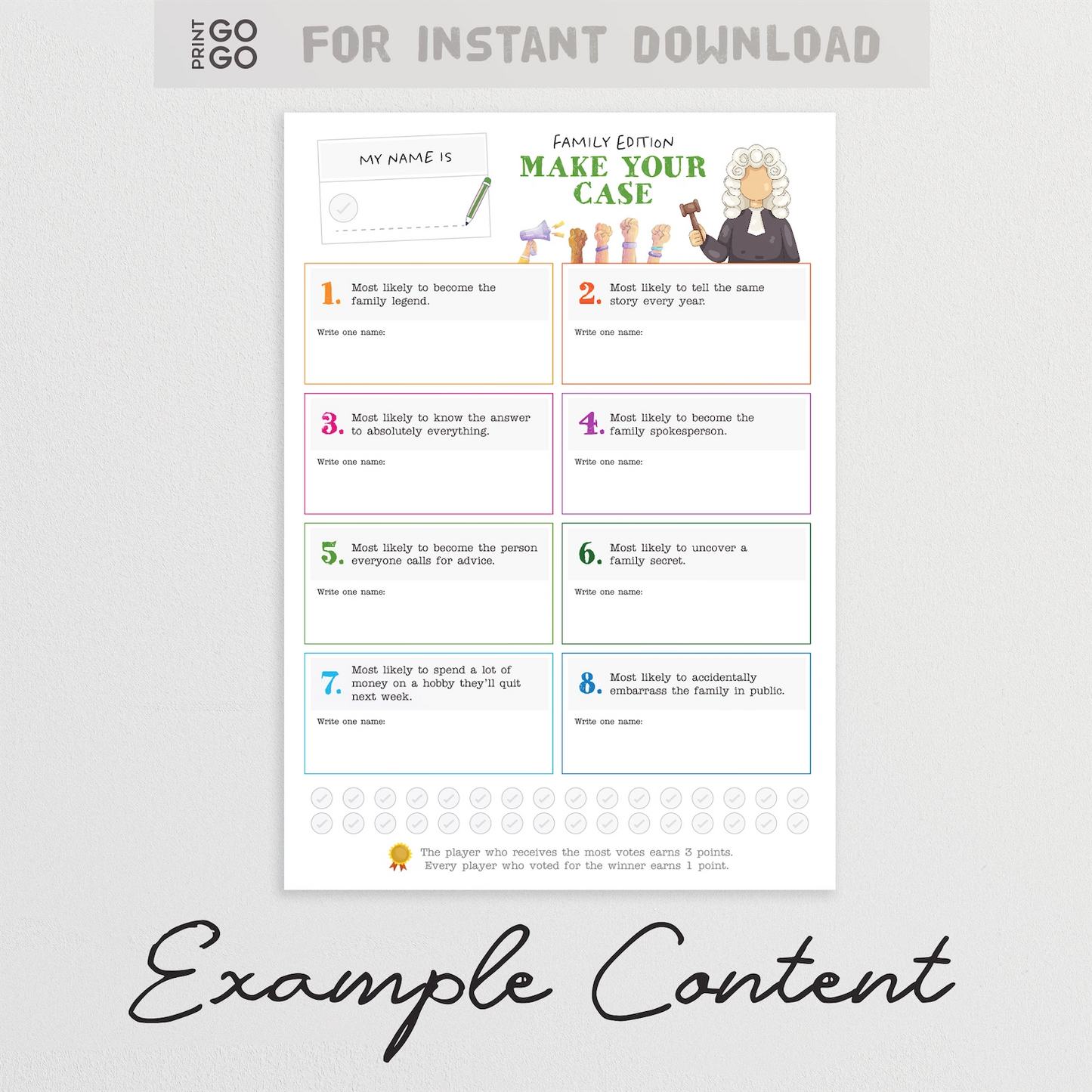 Example content for instant download family group game called Make Your Case.