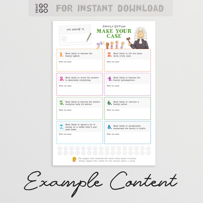 Example content for instant download family group game called Make Your Case.