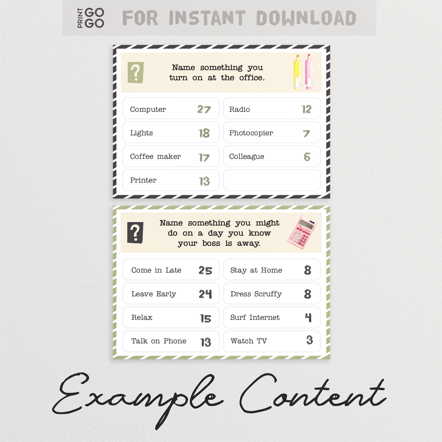 Two example question cards from instant download party game, Office Face-Off.