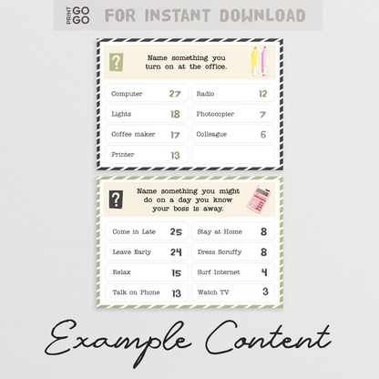 Two example question cards from instant download party game, Office Face-Off.