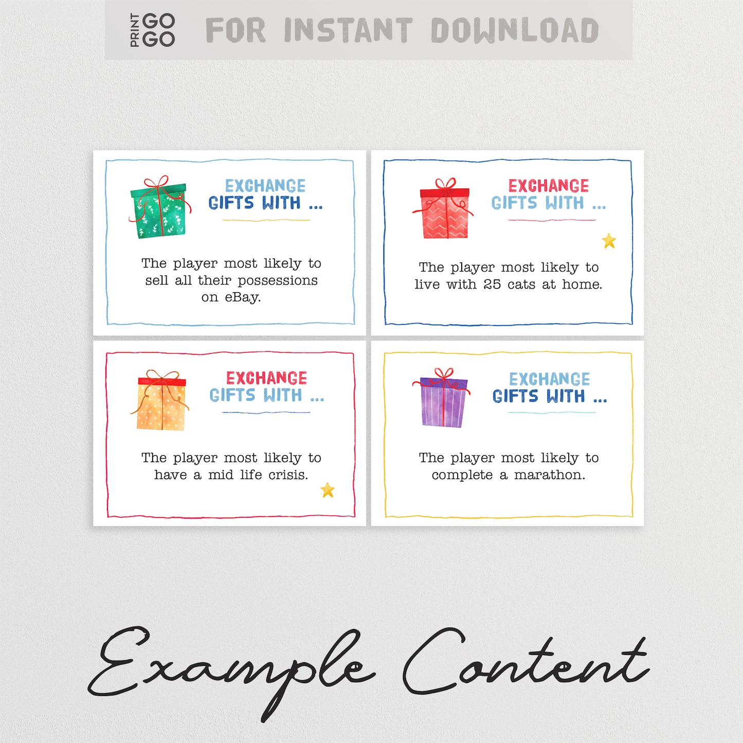 Example gift exchange cards from instant download party game.
