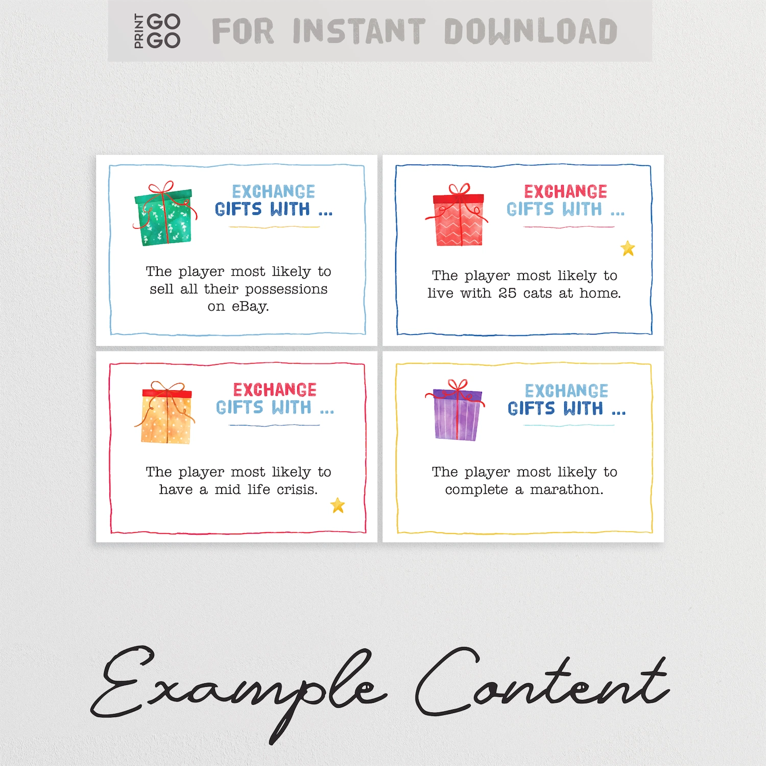Example gift exchange cards from instant download party game.