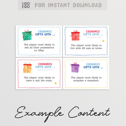 Example gift exchange cards from instant download party game.