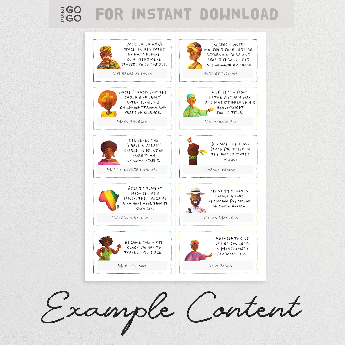 Example question cards from family black history printable party game.