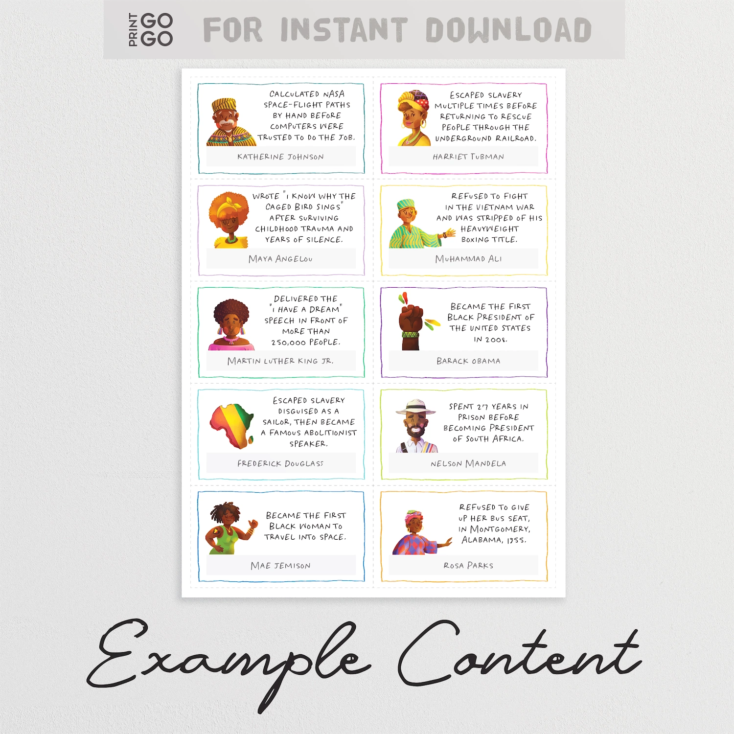 Example question cards from family black history printable party game.