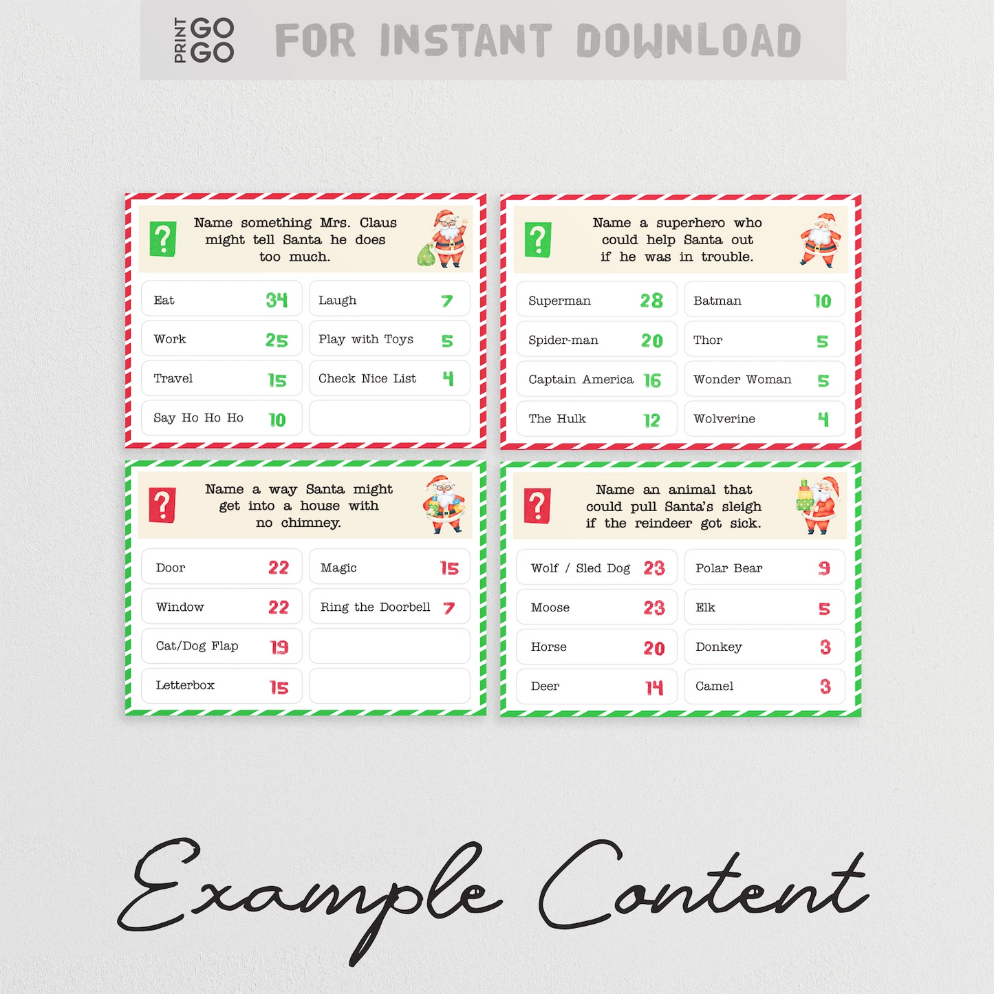 Printable Christmas-themed example cards for Santa Face-Off party game.