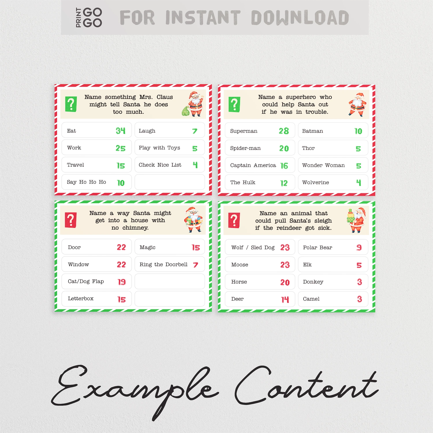 Printable Christmas-themed example cards for Santa Face-Off party game.