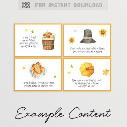 Example scavenger hunt clue cards for Thanksgiving, illustrated with riddles.