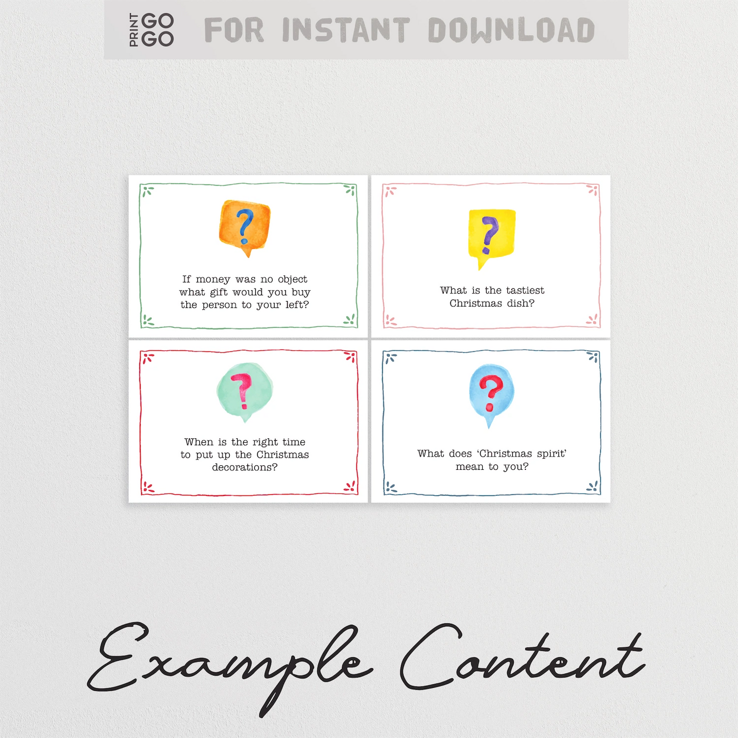 Four Christmas-themed question cards with colorful question marks on a light gray background.
