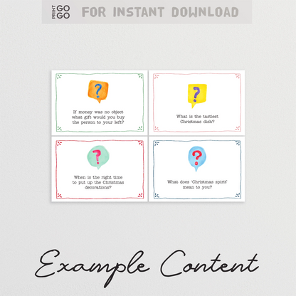 Four Christmas-themed question cards with colorful question marks on a light gray background.