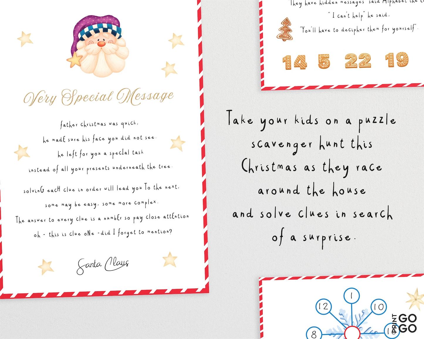 Letter from Santa Claus with a puzzle scavenger hunt for children on a white background
