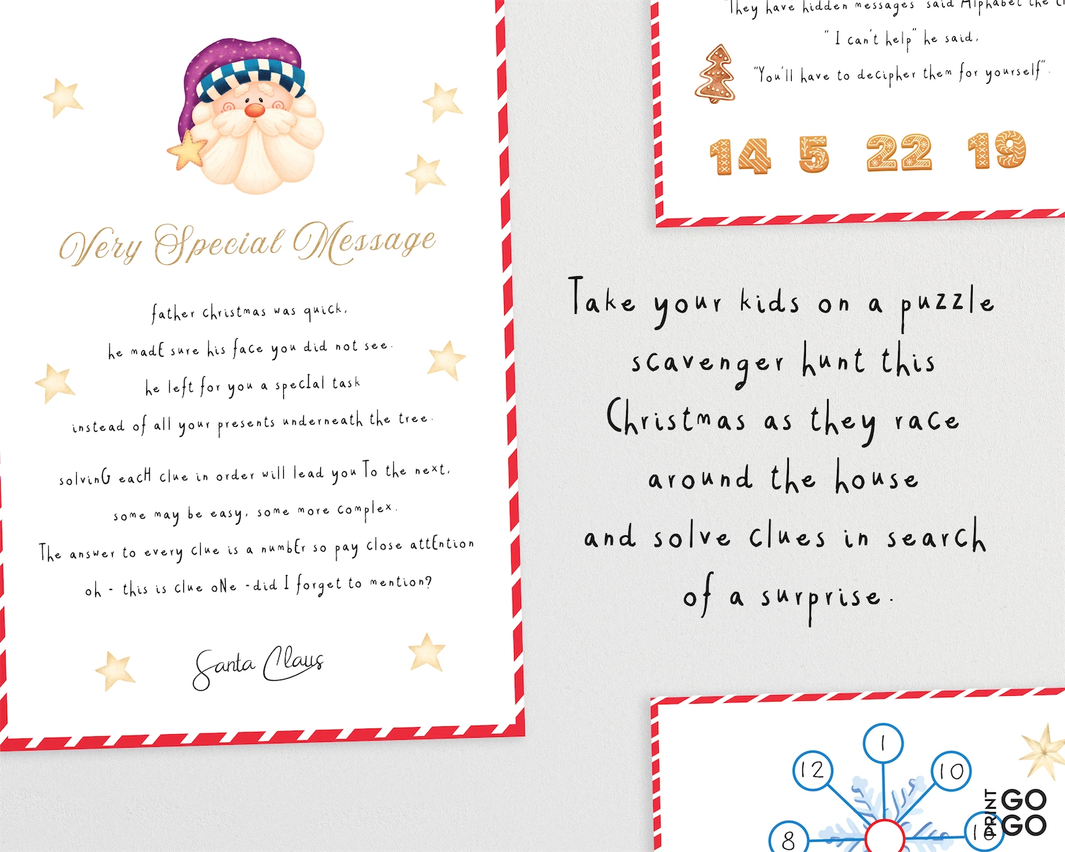 Letter from Santa Claus with a puzzle scavenger hunt for children on a white background