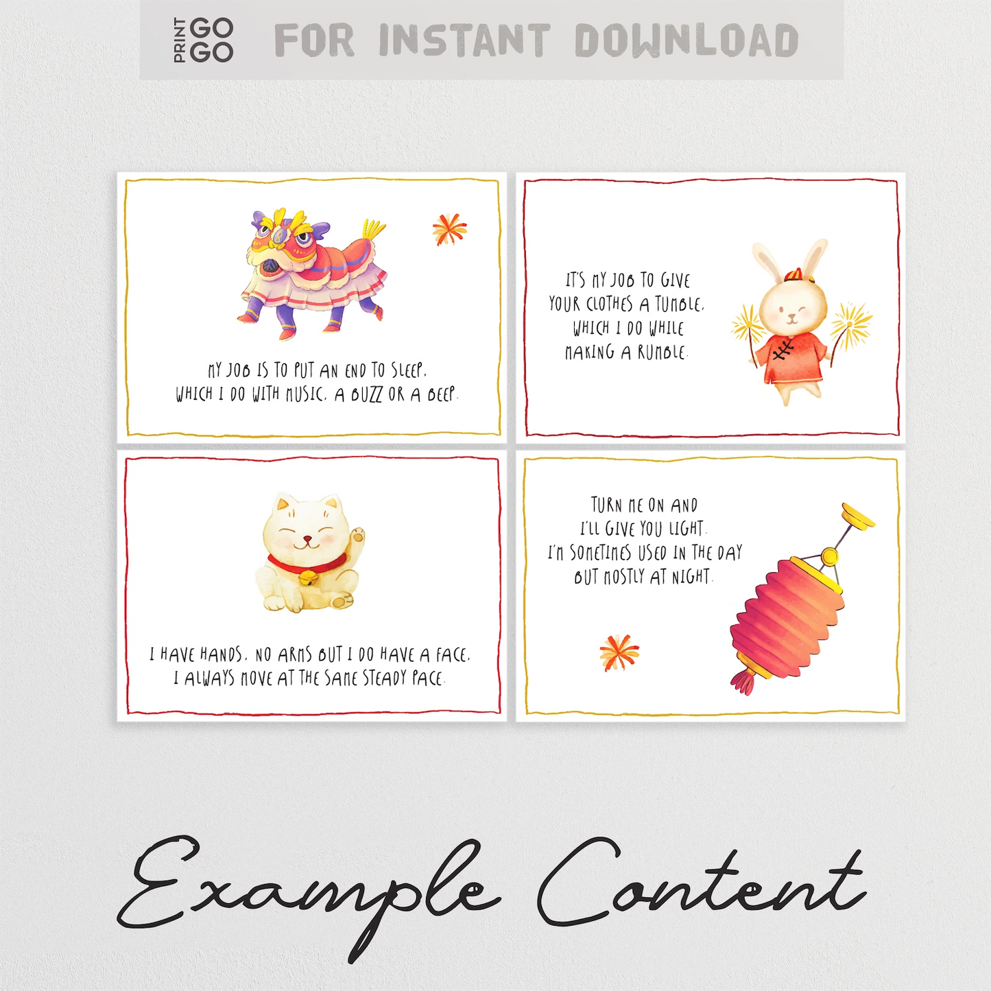 Example content and clue cards for printable CNY scavenger hunt for kids.