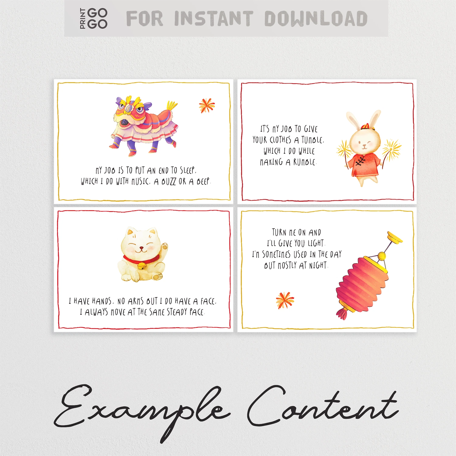 Example content and clue cards for printable CNY scavenger hunt for kids.