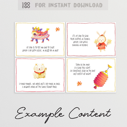 Example content and clue cards for printable CNY scavenger hunt for kids.
