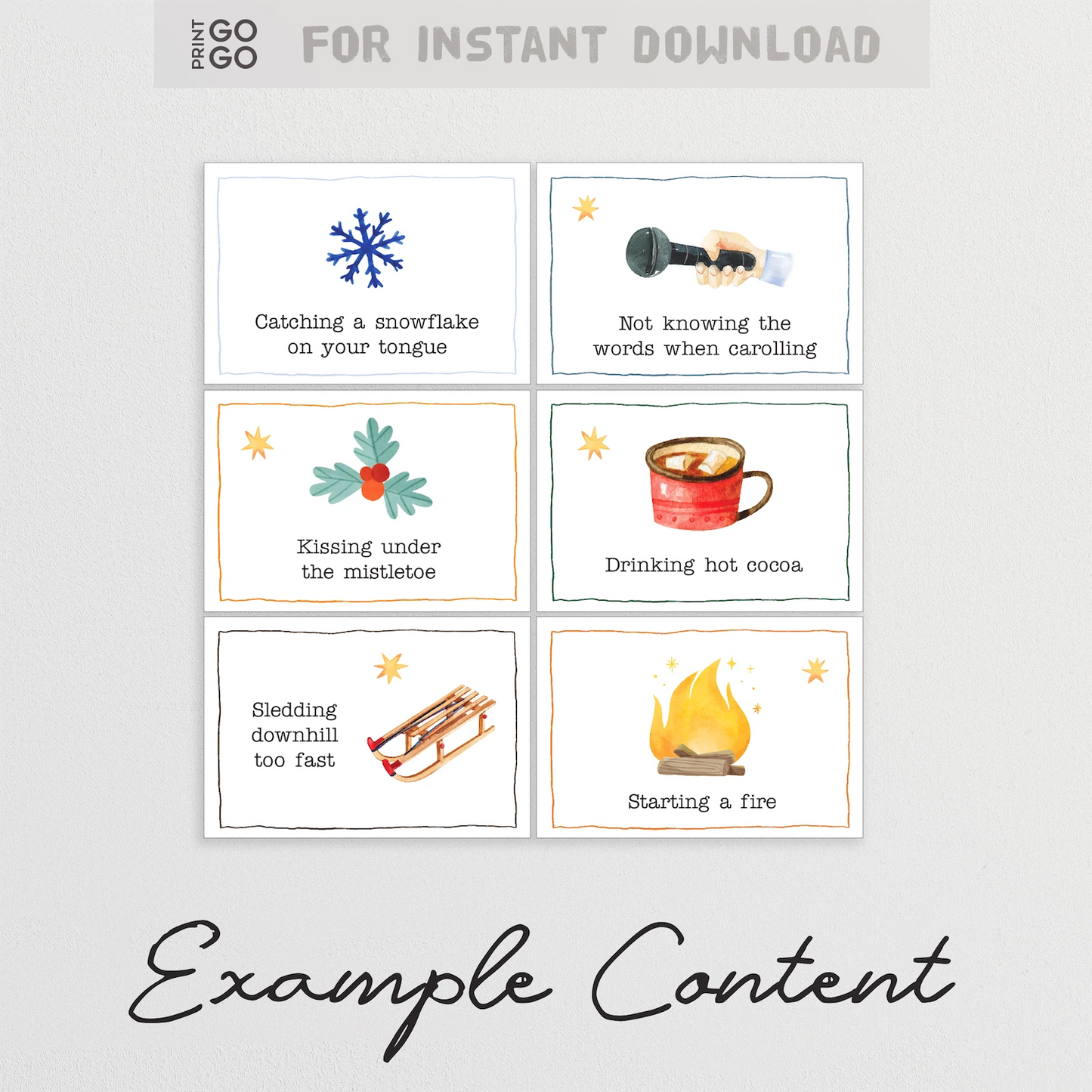 Set of six cards with winter-themed illustrations and text on a light gray background.