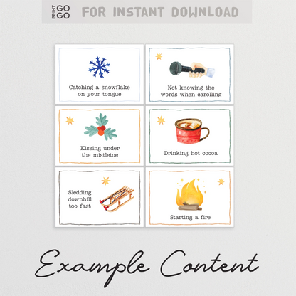 Set of six cards with winter-themed illustrations and text on a light gray background.