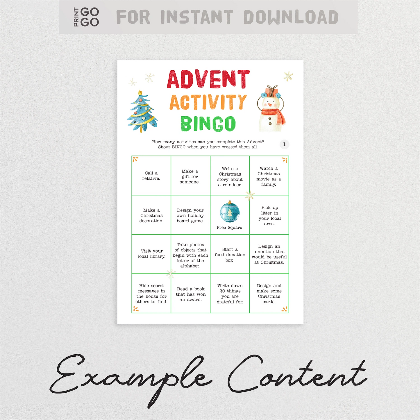 Advent Activity Bingo sheet with Christmas-themed activities on a white background