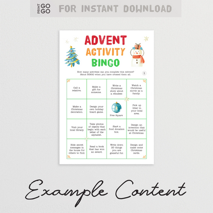 Advent Activity Bingo sheet with Christmas-themed activities on a white background