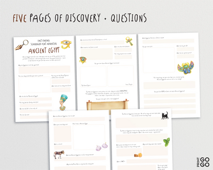 Five pages of educational content on ancient Egypt with illustrations and text.
