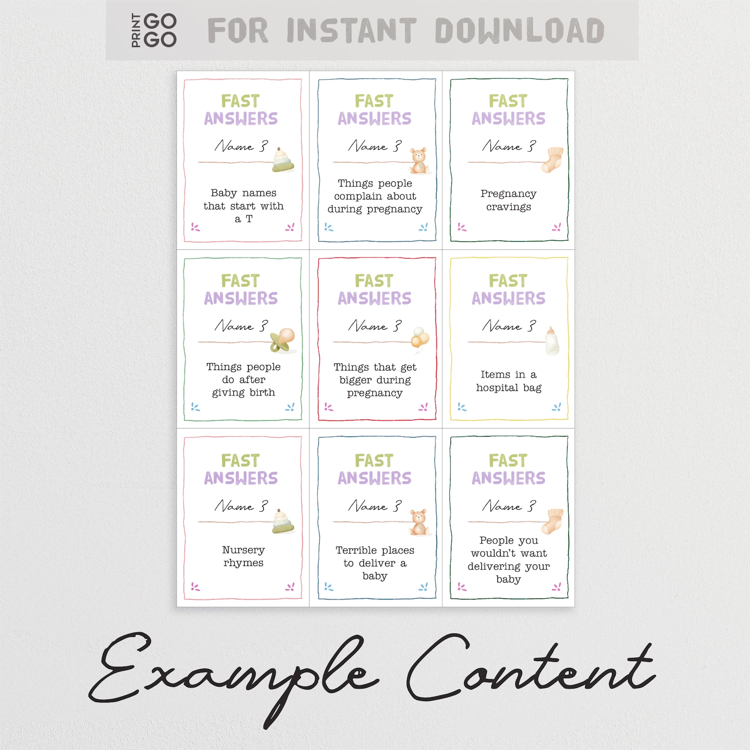 Example content for printable baby shower fast reaction word game.