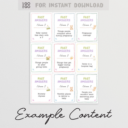 Example content for printable baby shower fast reaction word game.