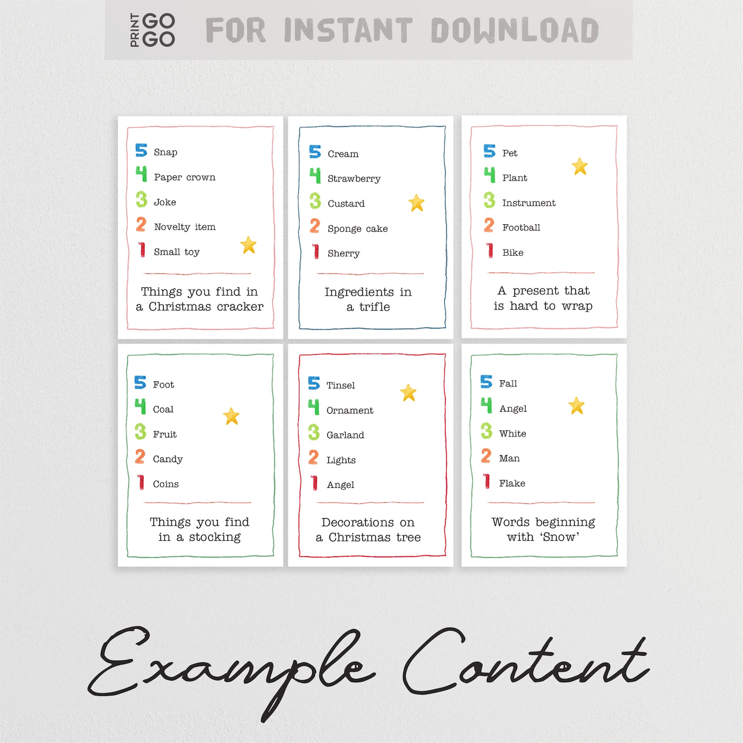 Example cards from printable family Christmas party game.