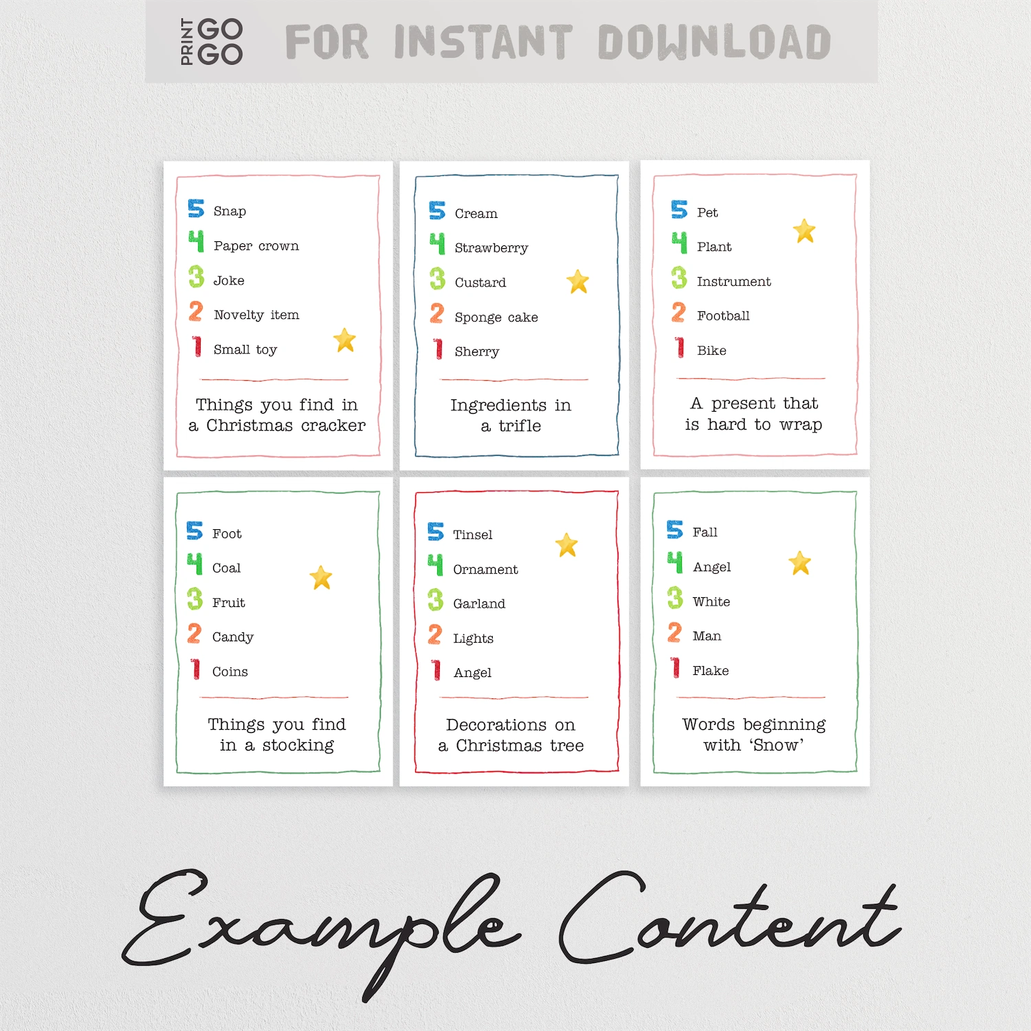 Example cards from printable family Christmas party game.