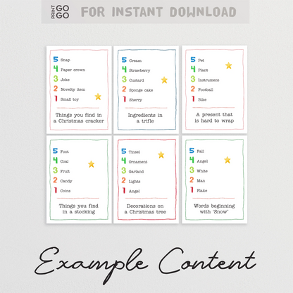 Example cards from printable family Christmas party game.