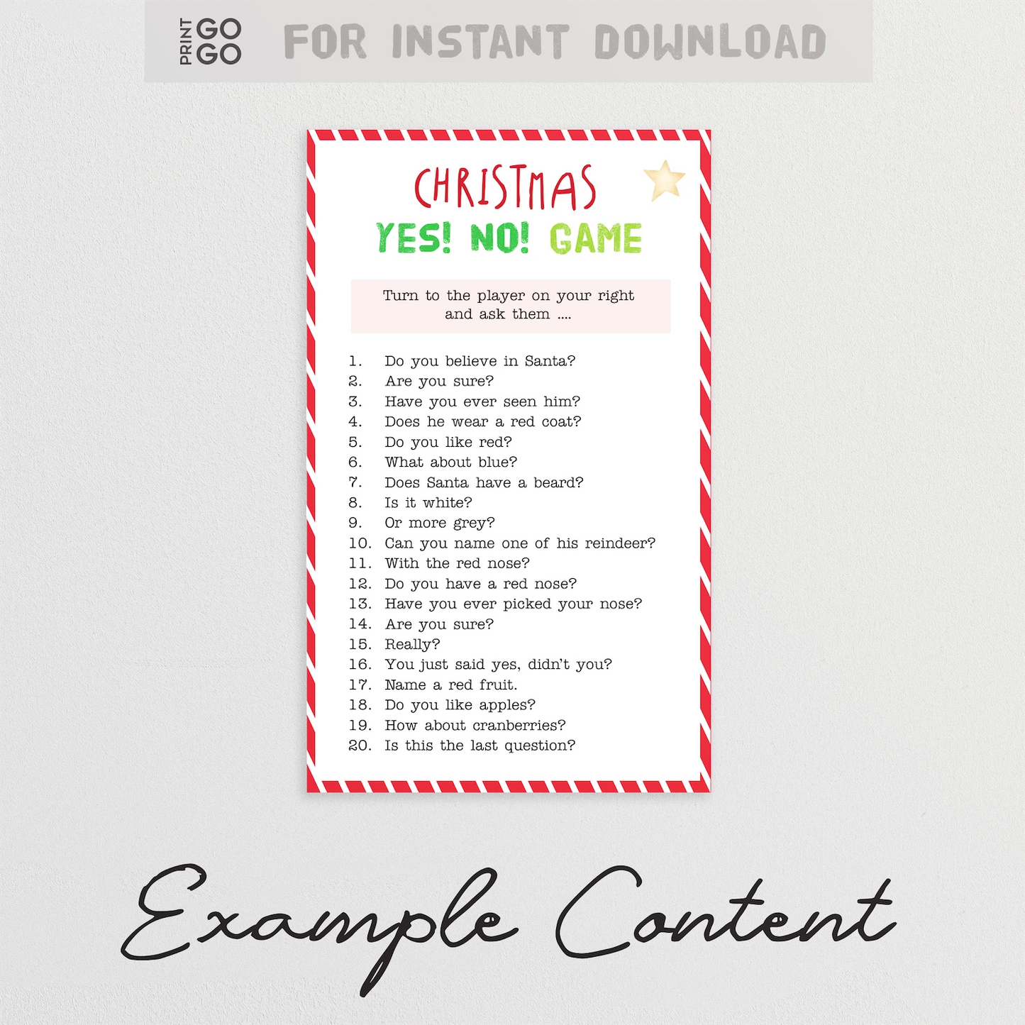 Example content from Christmas Yes No family party printable game.