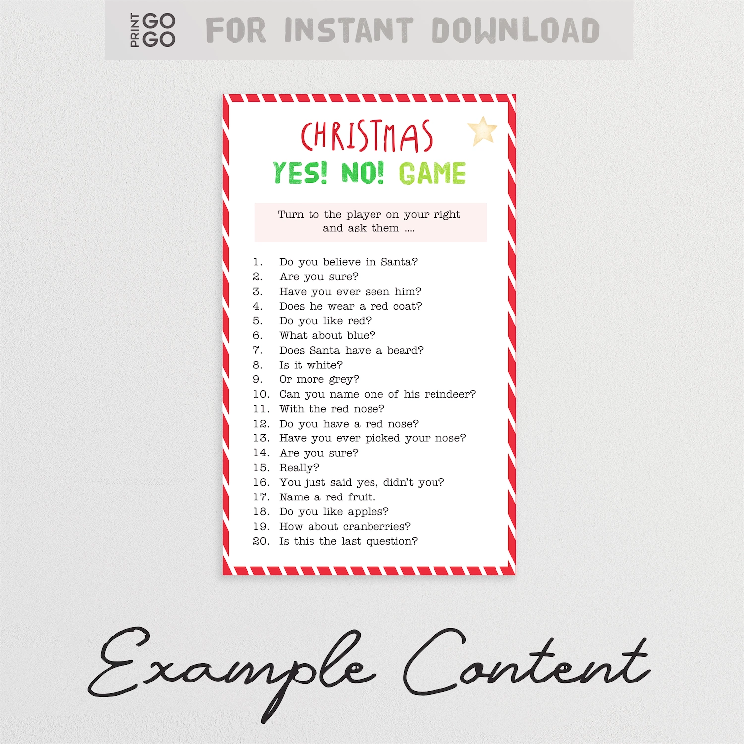 Example content from Christmas Yes No family party printable game.