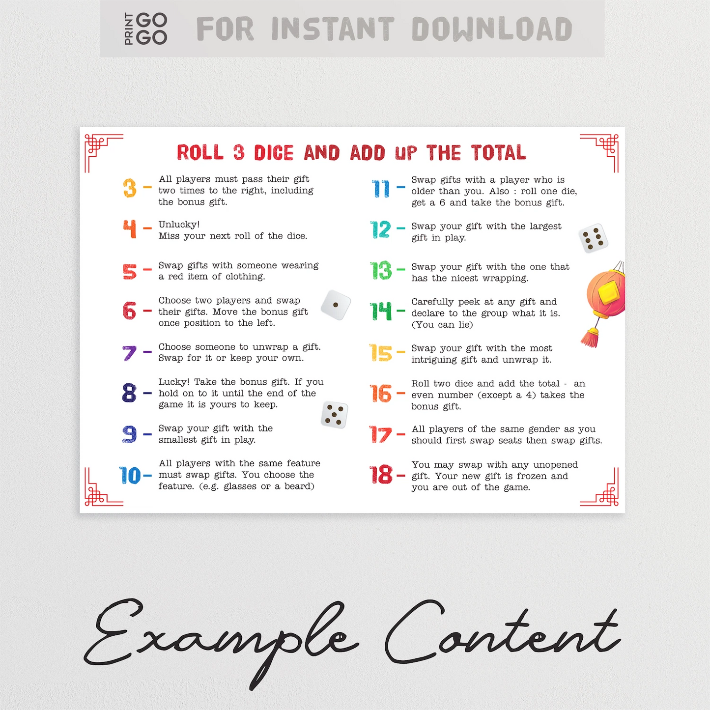 Example content for instant download CNY Roll the Dice Gift Exchange party game.