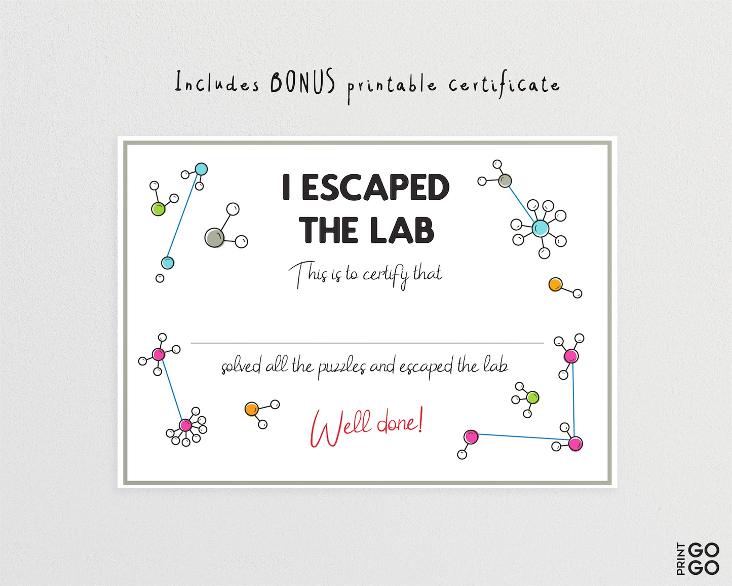 Certificate titled 'I Escaped the Lab' with colorful molecular diagrams on a light gray background.