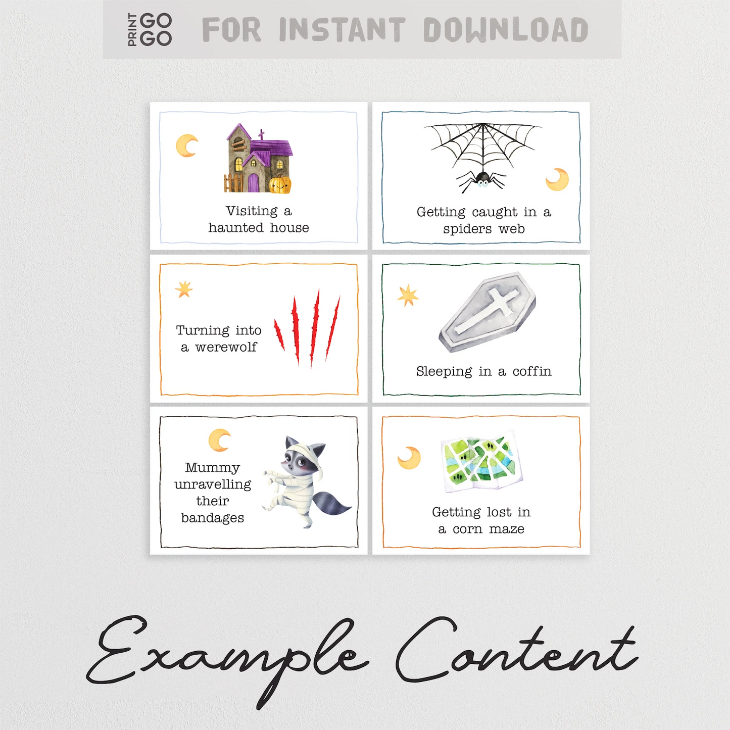 Set of Halloween-themed cards with illustrations and text on a light gray background.