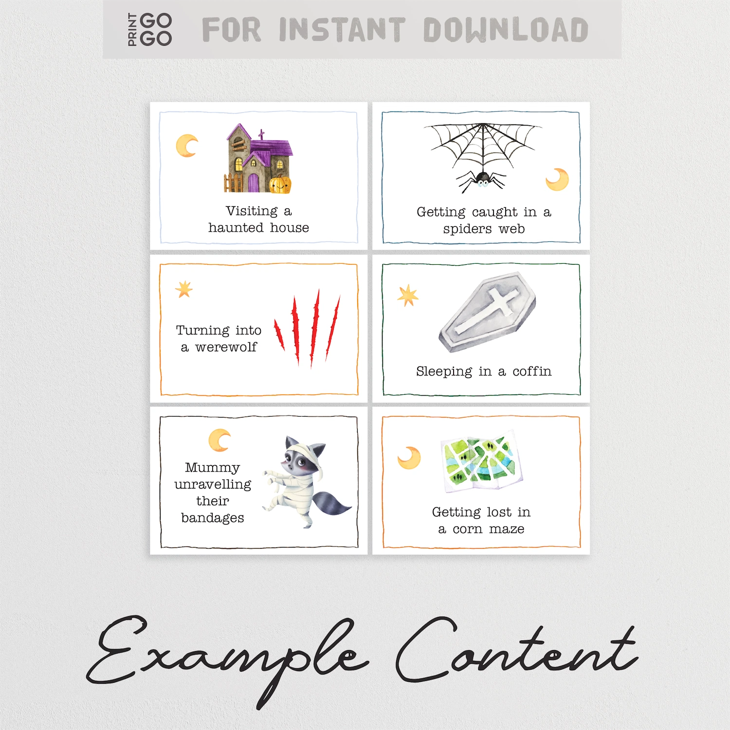 Set of Halloween-themed cards with illustrations and text on a light gray background.