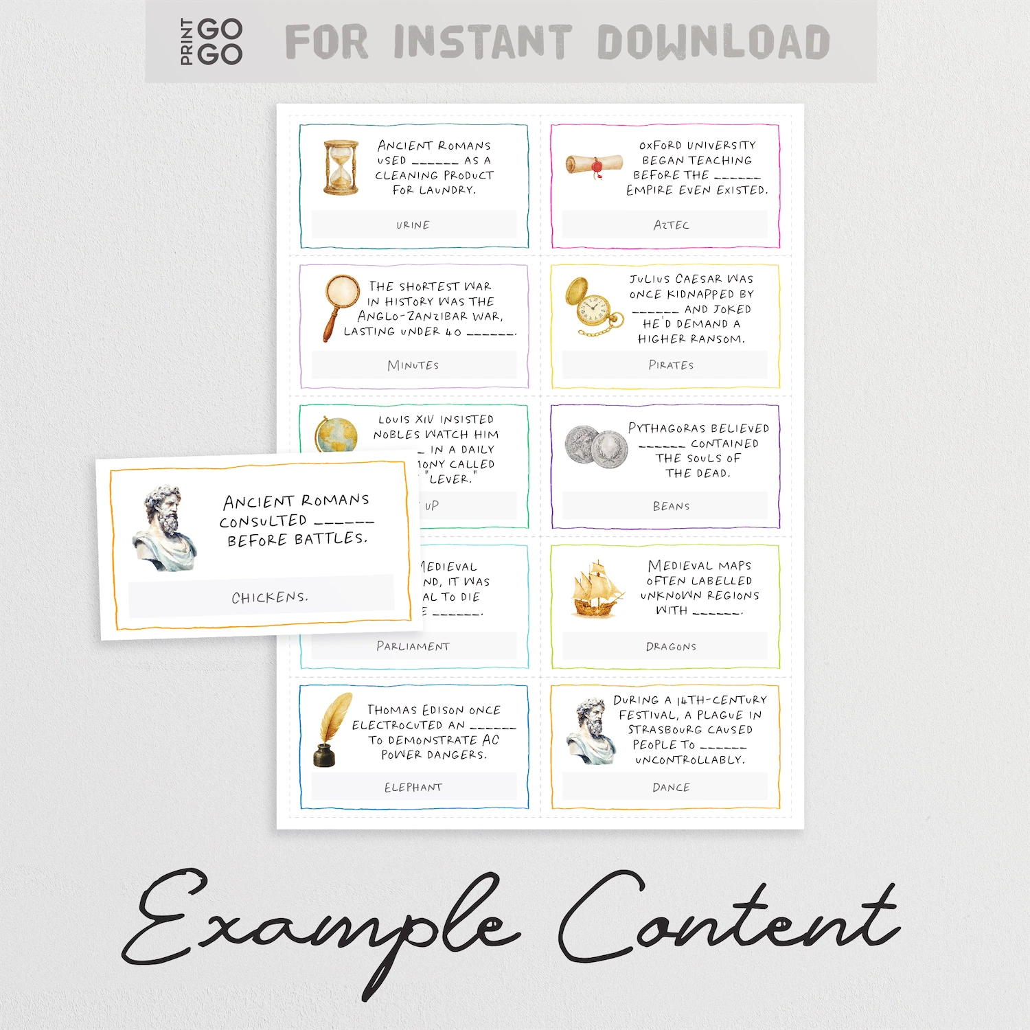 Example historical fact cards from printable party game The Final Word: History Edition; a trivia party game of completing missing words.