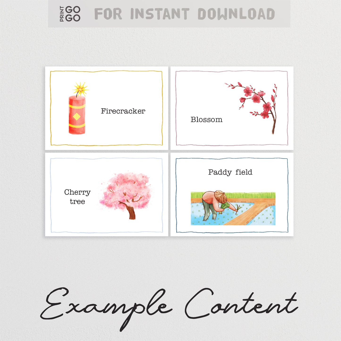 Example cards for instant download Lunar New Year party game of charades.