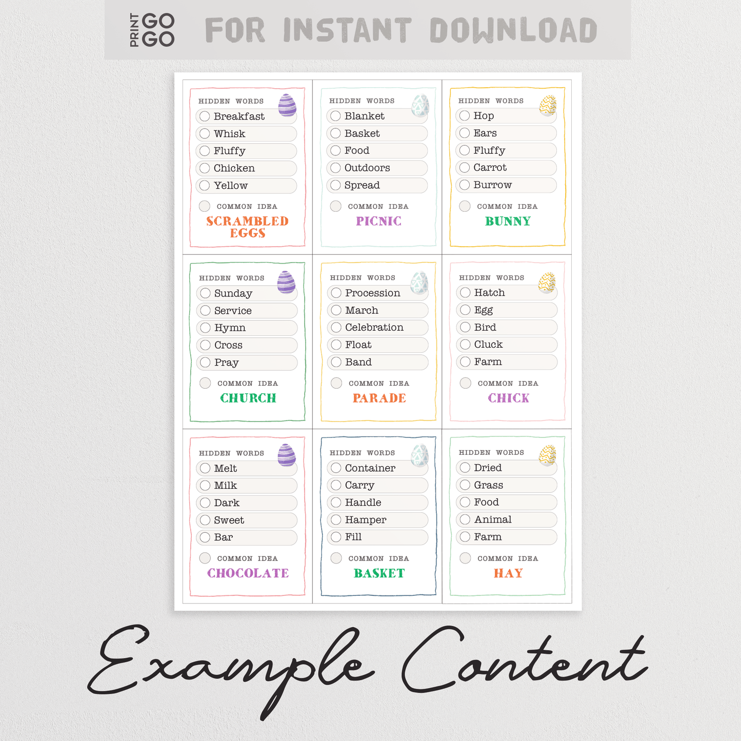 Example content for printable Easter themed party game called Word Rush.