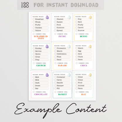 Example content for printable Easter themed party game called Word Rush.