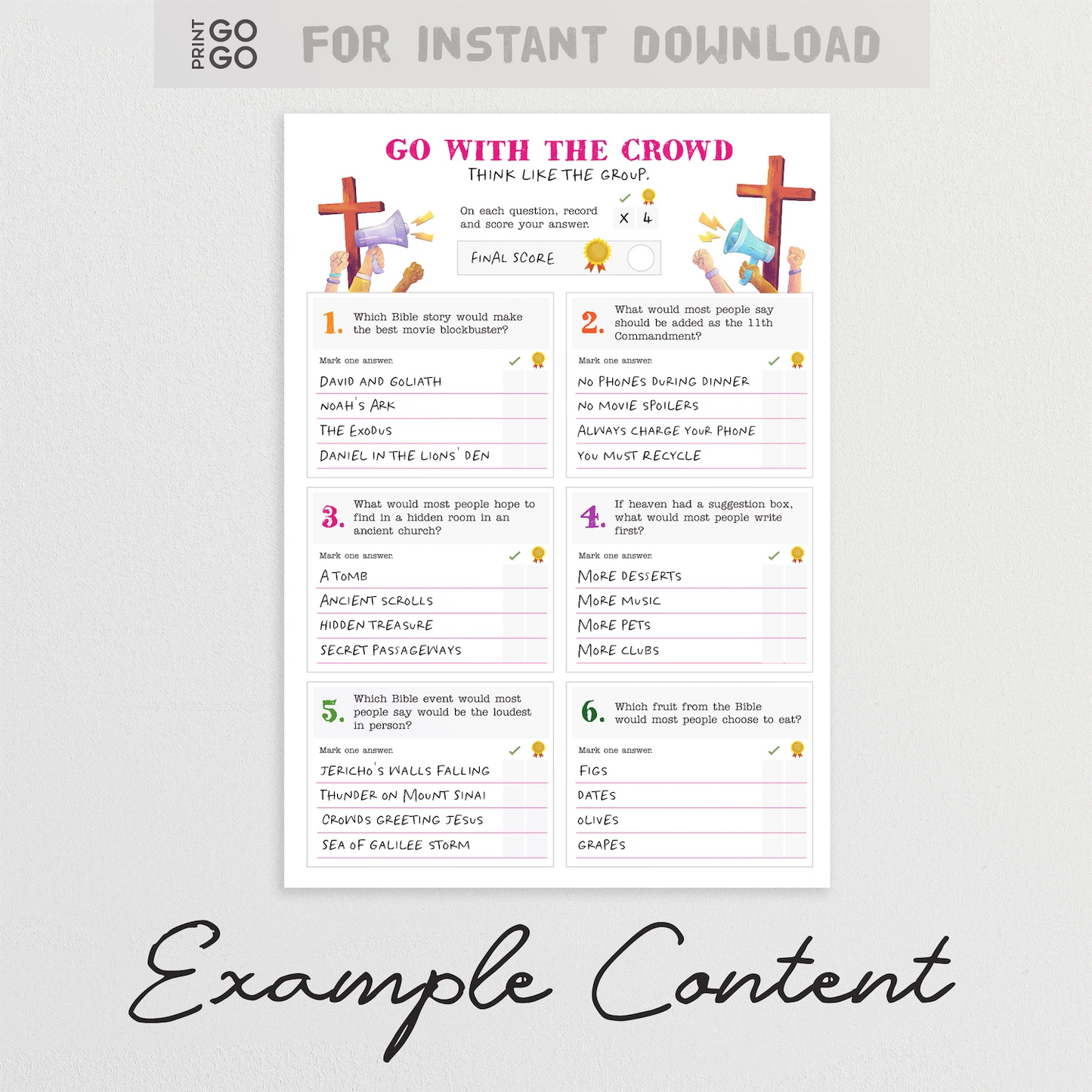 Instant download 'Go with the Crowd' Faith Edition game with colourful text and graphics on a white background.