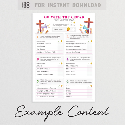 Instant download 'Go with the Crowd' Faith Edition game with colourful text and graphics on a white background.