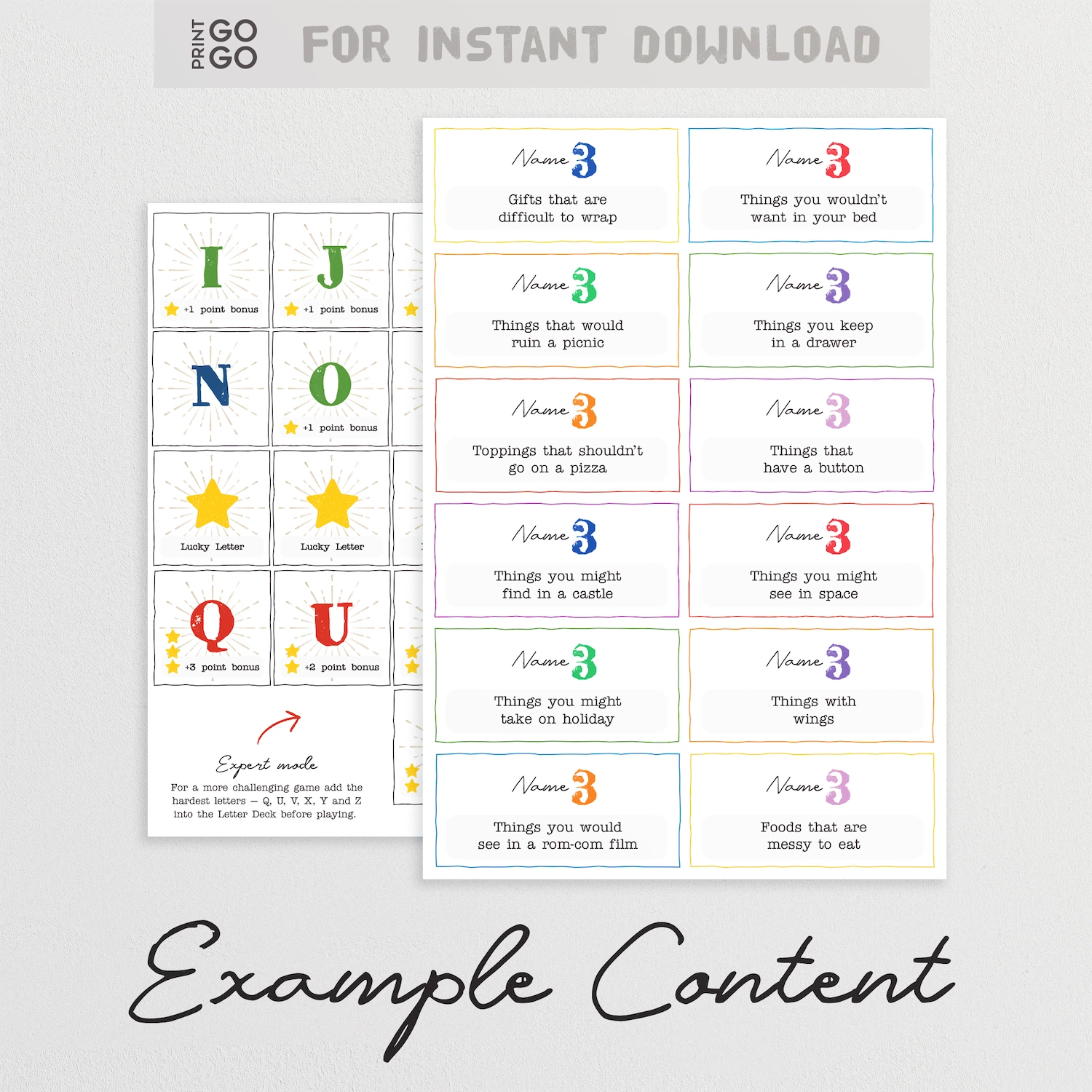 Example content and questions provided in printable party game Lucky Letters by Print GoGo.