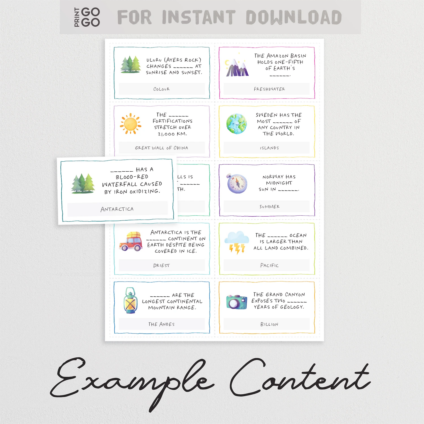 Example cards for instant download geography trivia party game.