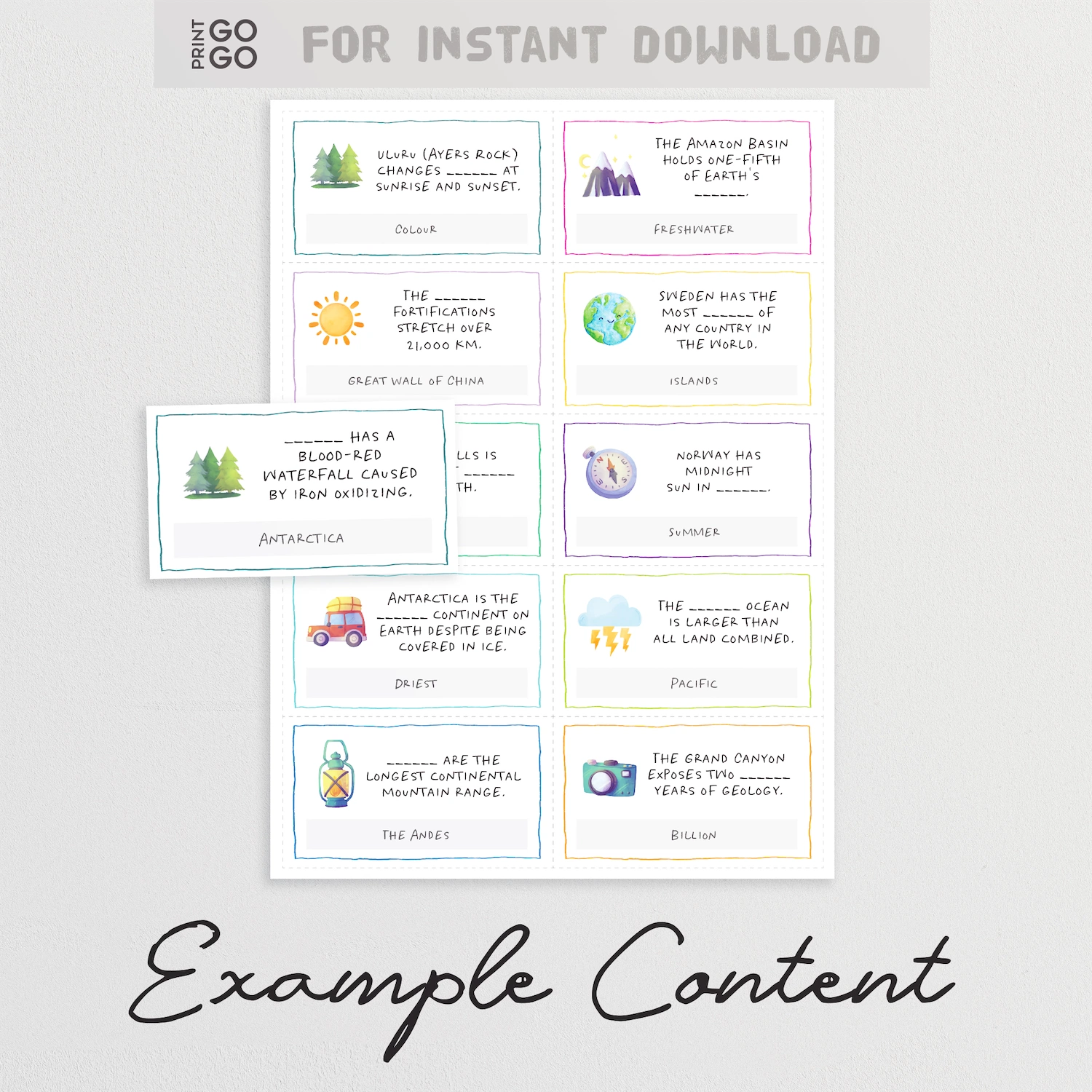 Example cards for instant download geography trivia party game.