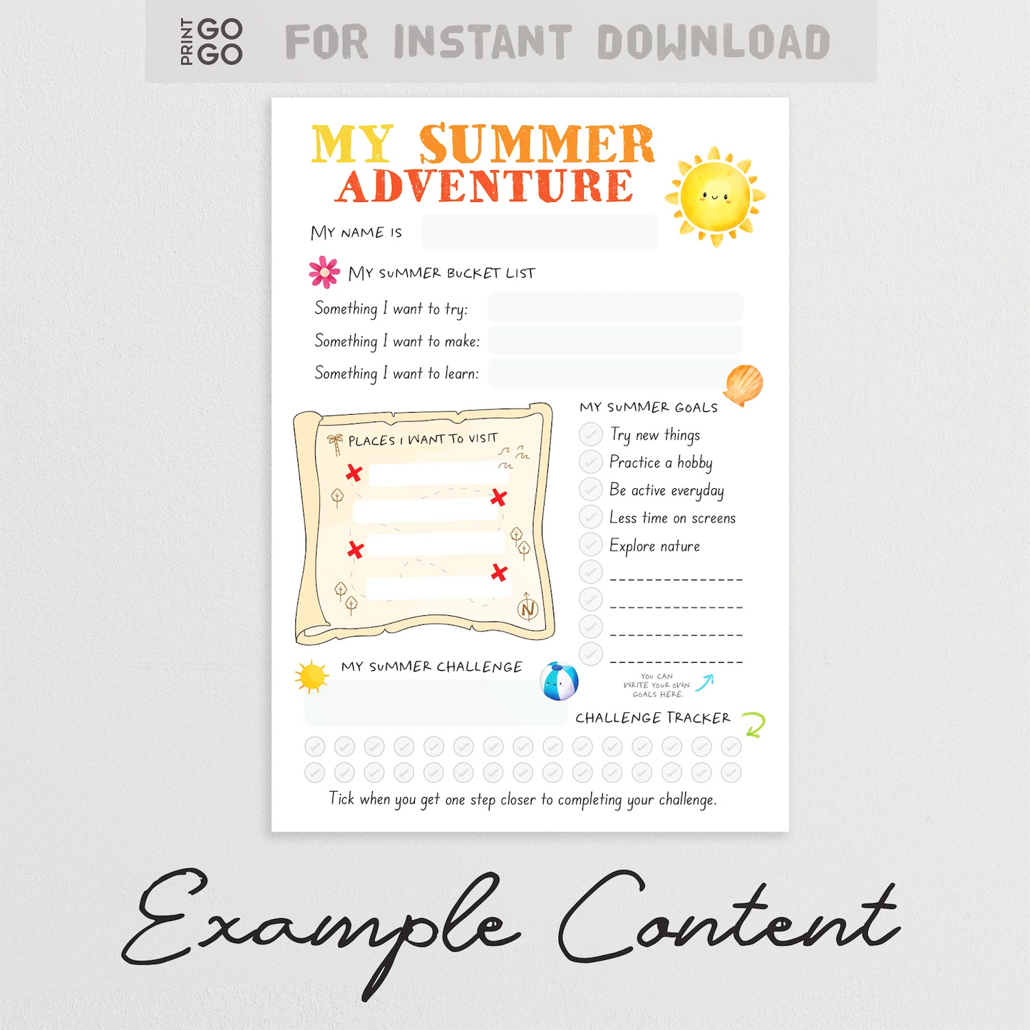 Summer adventure planner with checkboxes and text on a white background
